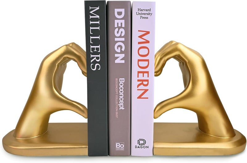 Kityemo Gold Decorative Bookends for Shelves, Heart Hands Book Ends Sculpture Aesthetic Decor for Bedroom Living Room Merch Apartment Bookshelf Birthday Women Decorations Stuff Aesthetic - Image 1
